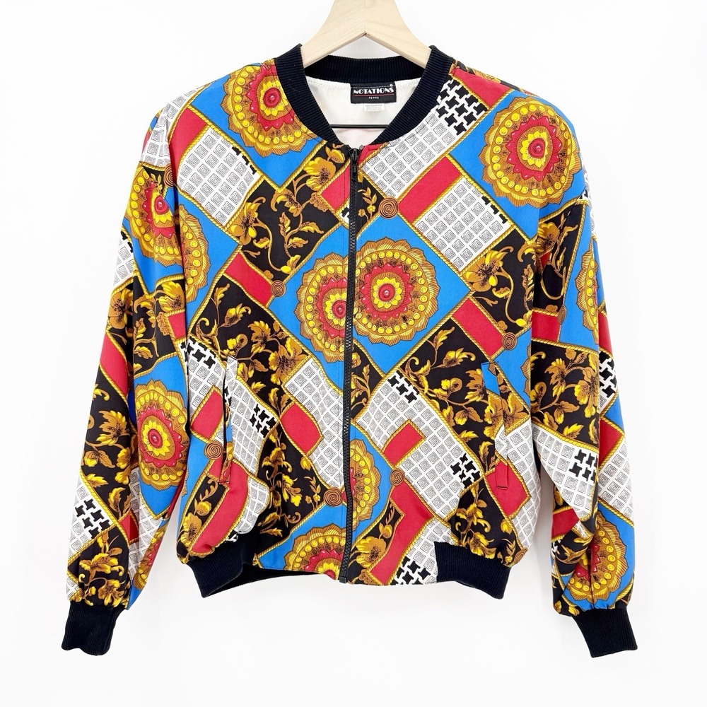 Notations Petite M Baroque Bomber Jacket Zip Front Multicolor Y2k Vibe Retro 90s